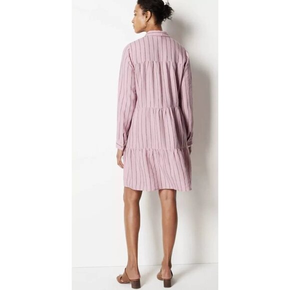 J JILL Linen Dress Tiered Striped Long Sleeves Button Down Lagenlook Pink Small - Picture 3 of 14